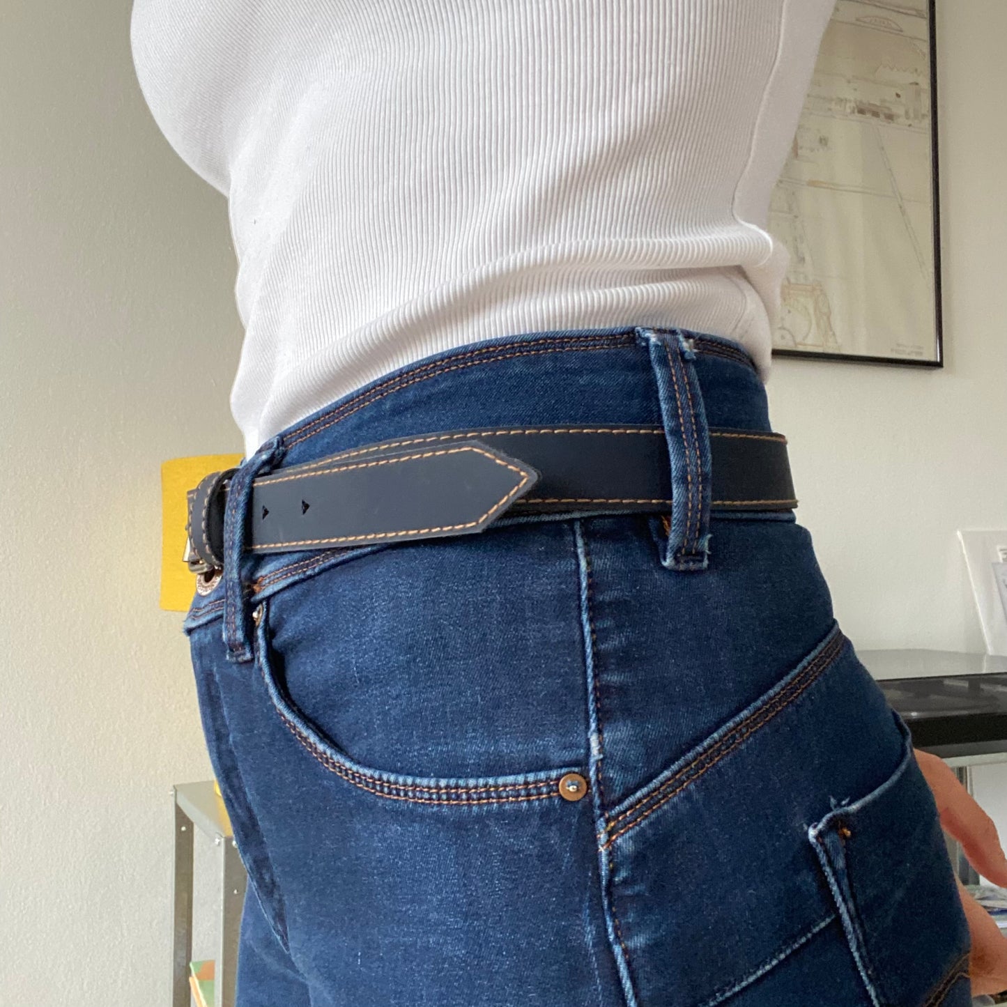 Grey blue metal buckle thin leather belt