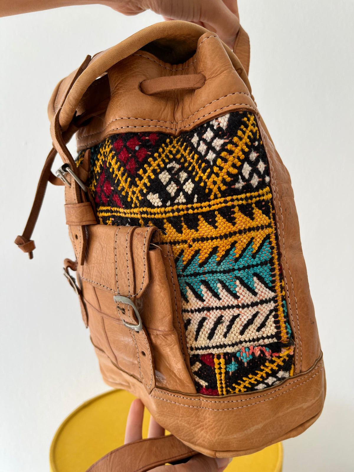 Boho leather camel brown backpack