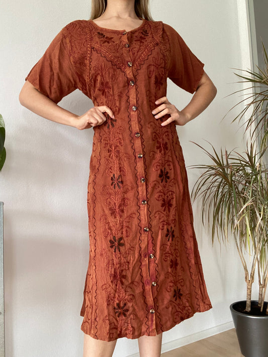 Vintage Rust Embroidered Boho Midi Dress Cottagecore Festival