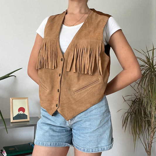 Fringe Leather Boho Vest -Size L