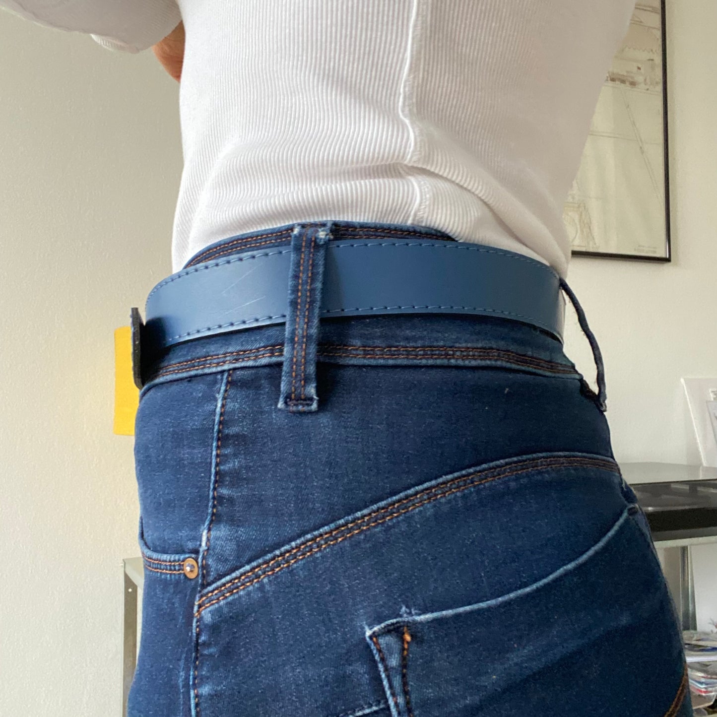 Blue Leather Belt with Gold Buckle