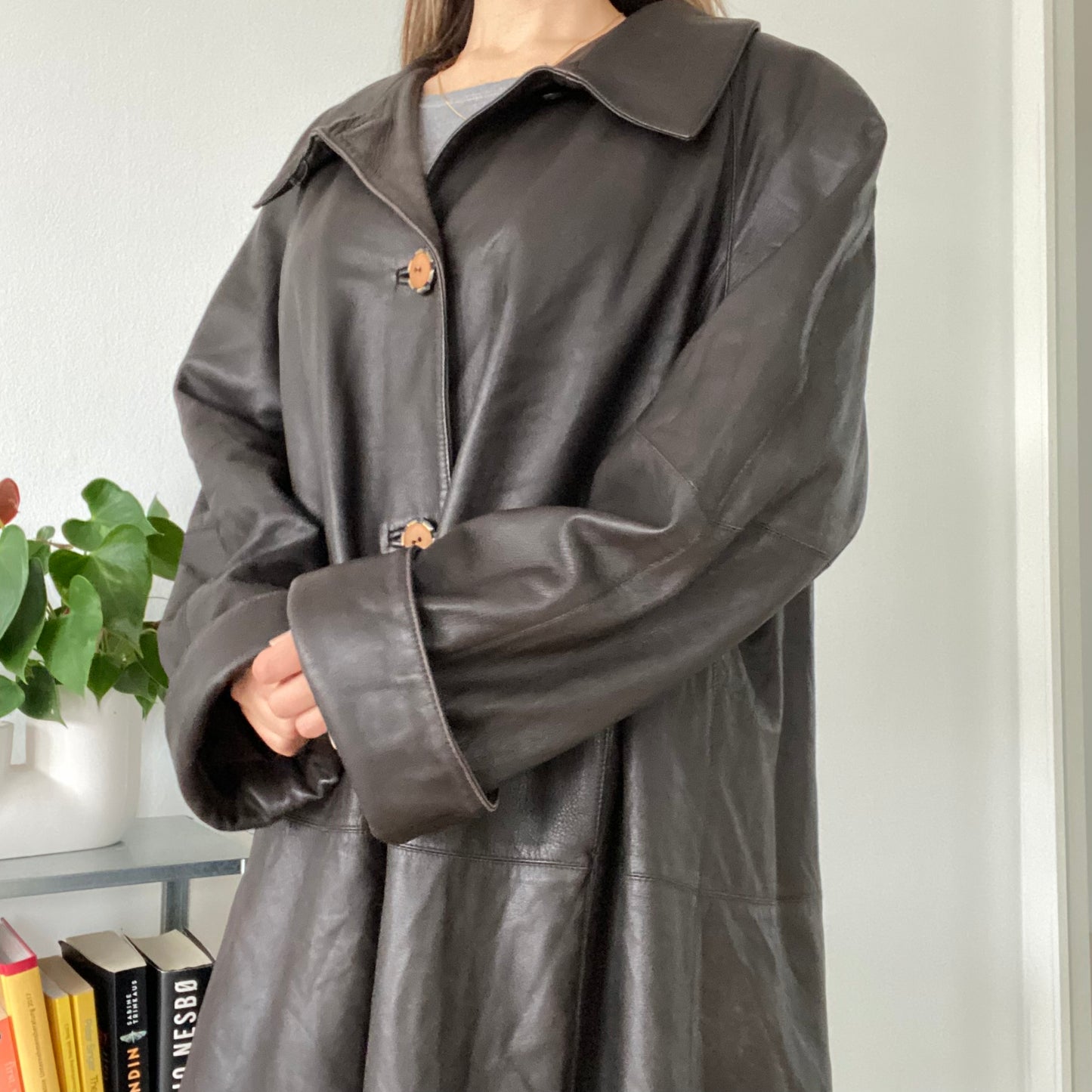 Long vintage leather brown coat