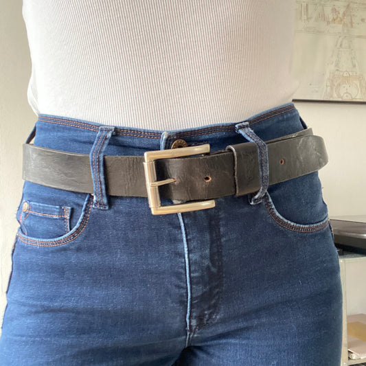 Black leather belt metal buckle