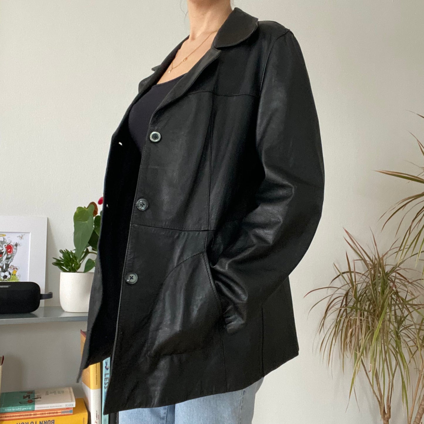 Mid-length black leather jackets 90s size 50