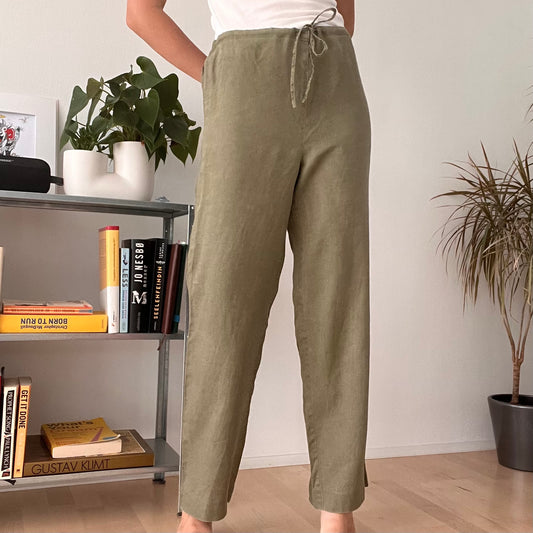 Sage Green Linen Blend Wide Leg Trousers-Size 38
