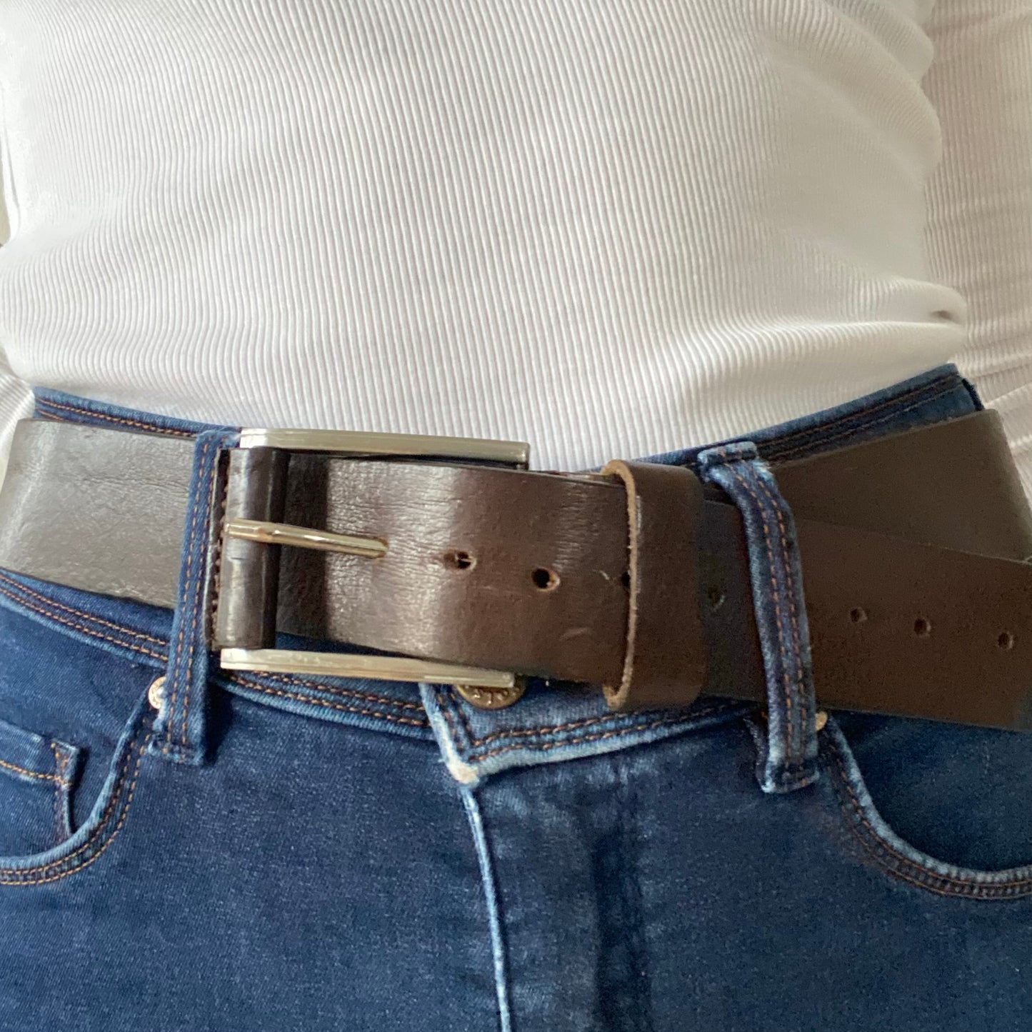 Thick brown metal leather belt