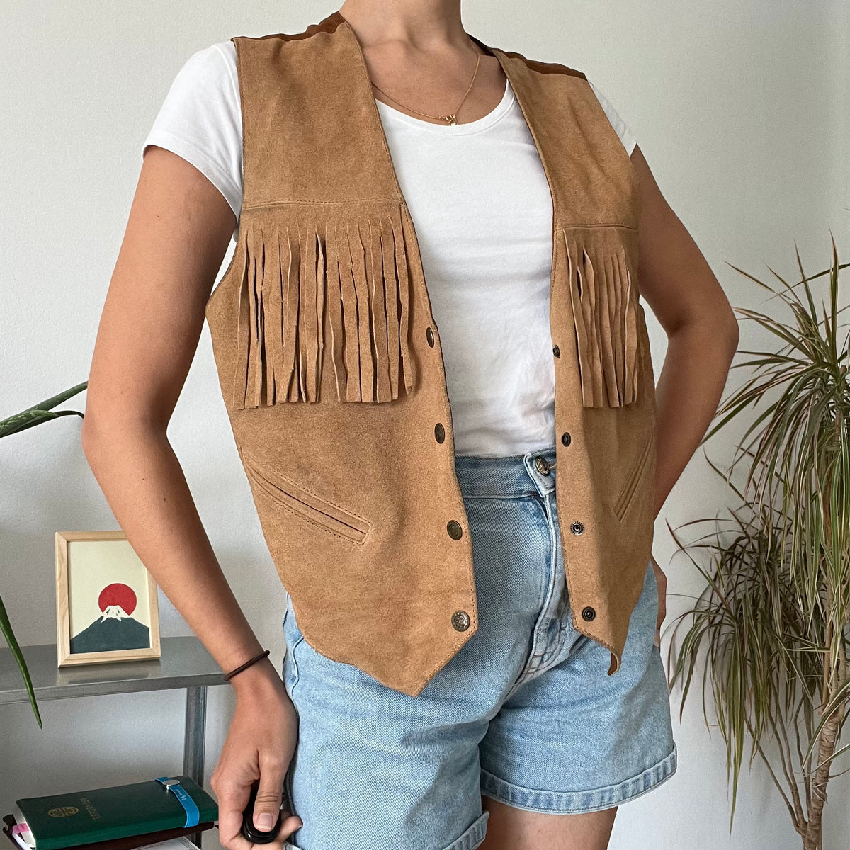 Fringe Leather Boho Vest -Size L